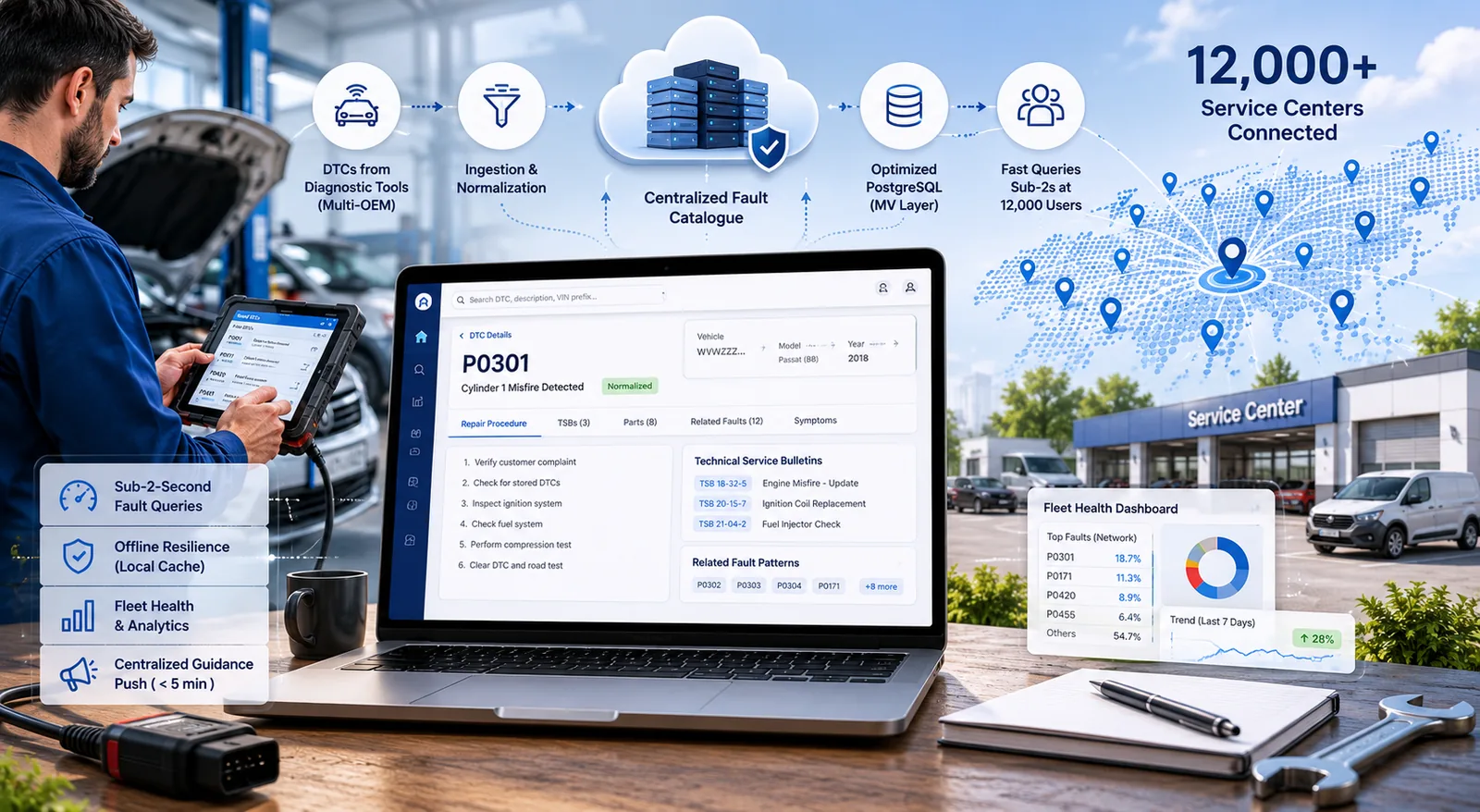 Diagnostics platform architecture and workshop dashboard — DTC ingestion, normalized fault catalogue, and fleet health view