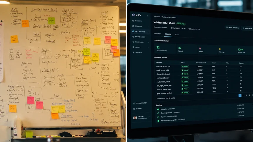 Left: whiteboard covered in development notes and sticky notes representing nine months of stuck development. Right: clean validation run screen showing 100% pass rate.