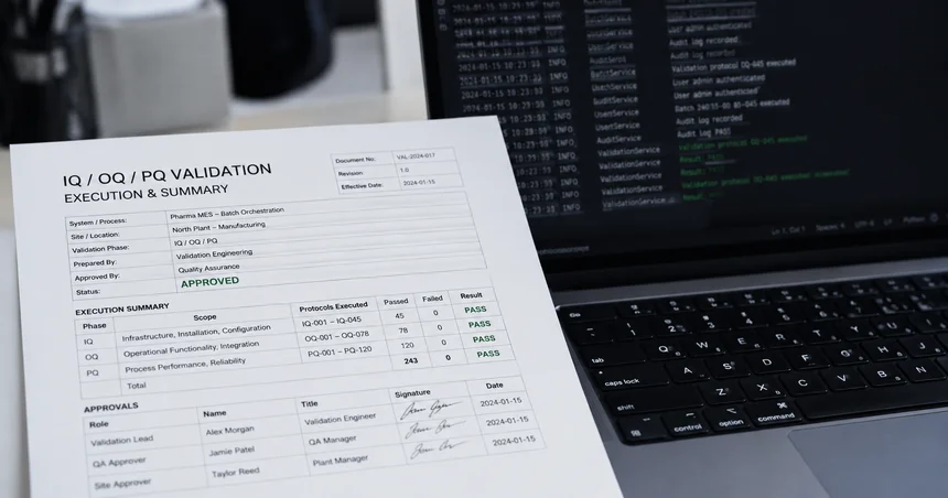 Printed IQ/OQ/PQ validation execution and summary document marked APPROVED, next to a laptop screen showing structured audit log terminal output.