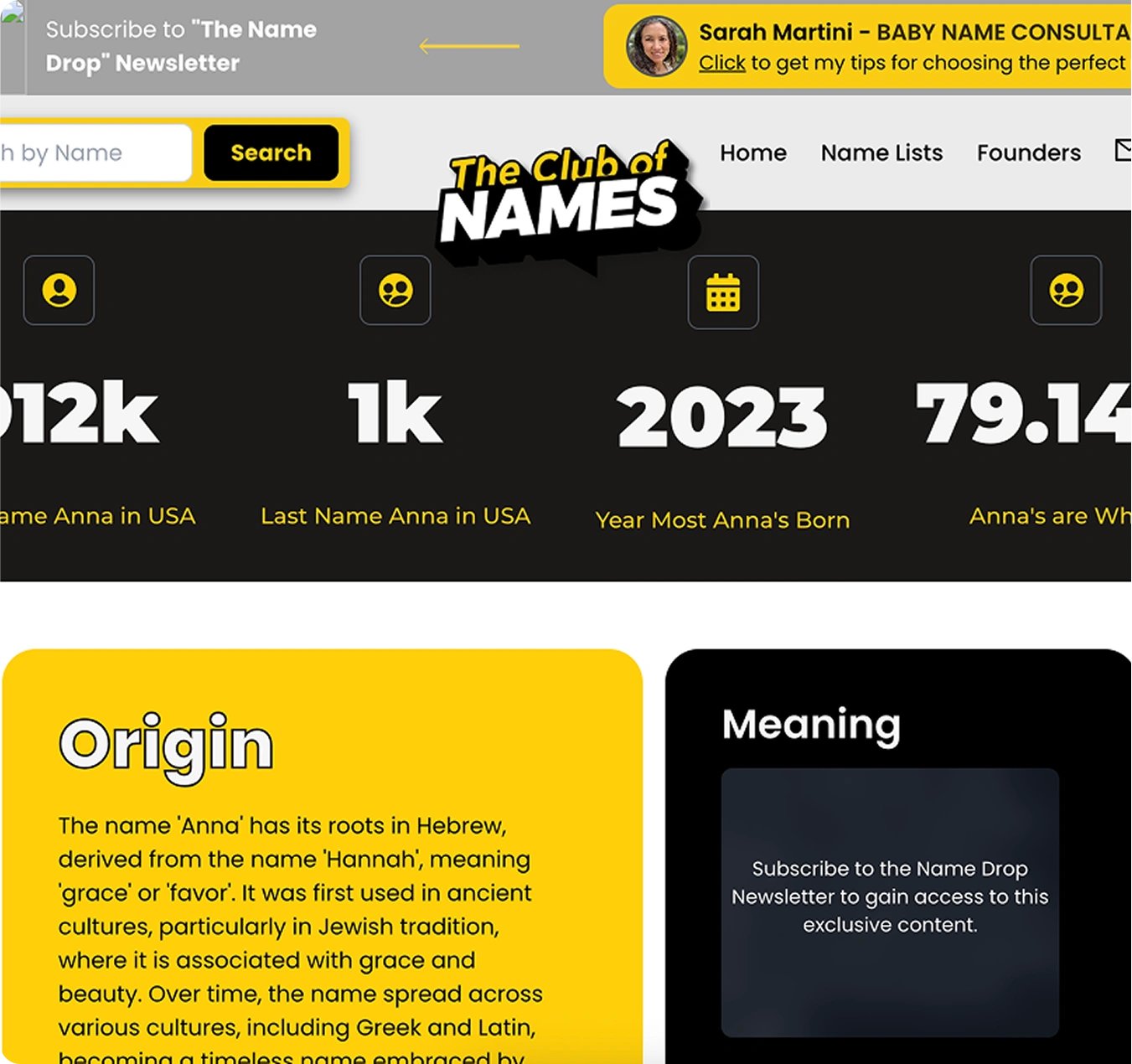 Name detail page showing etymology, usage statistics and cultural context