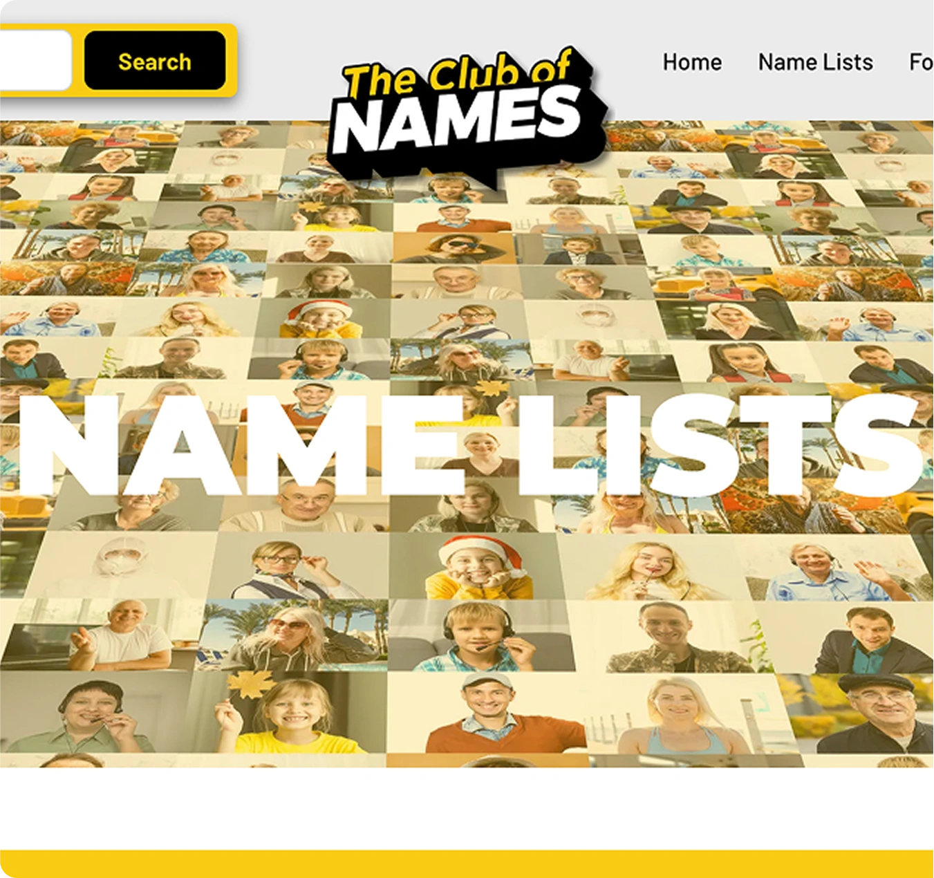 The Club of Names homepage with name search and newsletter features